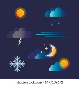 Weather forecast icon set with sun, cloud, snowflakes, raindrops, thunder, lightning etc. Vector illustration on transparent background. 