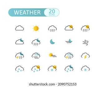 Conjunto de iconos de pronóstico del tiempo. С, sol, luna, lluvia, nieve, copos de nieve, viento. Vector.