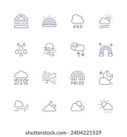 Weather forecast icon set. Thin line icon. Editable stroke. Containing foggy, rain, storm, windy, rainbow, fog, wind, cloud, rainy, snow, pride, weather, moon, meteorology.