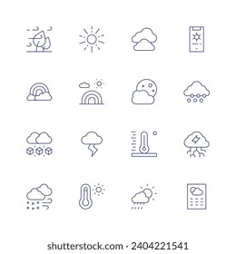 Conjunto de iconos de pronóstico del tiempo. Icono de línea delgada. Trazo editable. Con viento, arcoiris, granizo, nevada, sol, tormenta, termómetro, nubes, luna, alta temperatura, clima, pronóstico del tiempo, nieve.