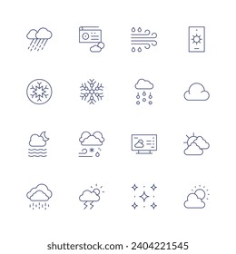 Weather forecast icon set. Thin line icon. Editable stroke. Containing rain, snowflake, foggy, radio, thunderstorm, moisture laden wind, hail, weather, starry night, weather forecast, cloud.