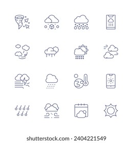 Weather forecast icon set. Thin line icon. Editable stroke. Containing climate, contrail, windstorm, hail, cloudy, snow, wind, rainy, rain, hot, weather, weather forecast, sunny, sun.