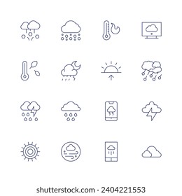Conjunto de iconos de pronóstico del tiempo. Icono de línea delgada. Trazo editable. Conteniendo granizo, termómetro, tormenta, sol, nieve, lluvia, lluvia, viento, calor, amanecer, pronóstico, pronóstico del tiempo, truenos, nubes.