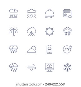 Weather forecast icon set. Thin line icon. Editable stroke. Containing fog, umbrella, lightning, thunderstorm, storm, rain, cloudy day, wind, sun, forecast, weather forecast, thunder, weather.