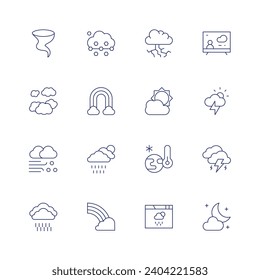 Weather forecast icon set. Thin line icon. Editable stroke. Containing tornado, clouds, blizzard, rain, hail, rainbow, thunder bolt, cloudy day, cold, weather, weather forecast, storm, thunderstorm.