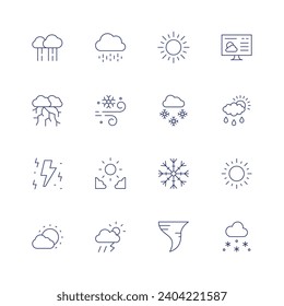 Weather forecast icon set. Thin line icon. Editable stroke. Containing rain, storm, thunderbolt, day, snow, sun, frost, snowflake, twister, weather forecast, sunny, snowfall.