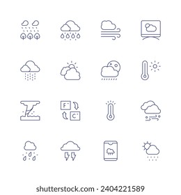 Weather forecast icon set. Thin line icon. Editable stroke. Containing forest, drizzle, waterspout, sleet, rain, cloudy, fahrenheit, thunder, wind, rainy night, overheating, weather, weather forecast.