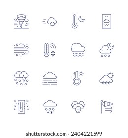 Conjunto de iconos de pronóstico del tiempo. Icono de línea delgada. Trazo editable. Con tormenta de viento, viento de polvo, tormenta de hielo, termómetro, nube, control de temperatura, niebla, lluvia, temperatura, clima extremo, clima.