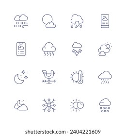 Weather forecast icon set. Thin line icon. Editable stroke. Containing snow, night, full moon, bolt, weathercock, snowflake, thunderstorm, storm, temperature, eclipse, weather forecast, cloudy day.