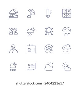 Conjunto de iconos de pronóstico del tiempo. Icono de línea delgada. Trazo editable. Con monzón, arco iris, niebla asesina, lluvias, tormentas torrenciales, calendario, meteorología, termómetro, nieve, tiempo, noticias meteorológicas, nublado.