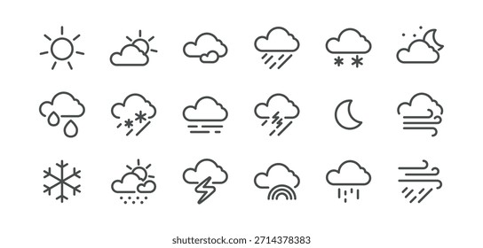 Weather Forecast Icon Set. Thin Line Collection of Climate and Weather Condition Symbols Including Sun, Cloud, Rain, Snow, Wind and Storm. Isolated Outline Vector Pack, Editable Stroke Pictogram Set