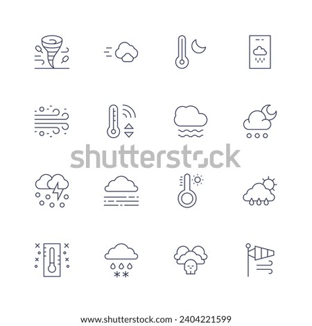 Weather forecast icon set. Thin line icon. Editable stroke. Containing windstorm, dust laden wind, ice storm, thermometer, cloud, temperature control, fog, rain, temperature, extreme weather, weather.