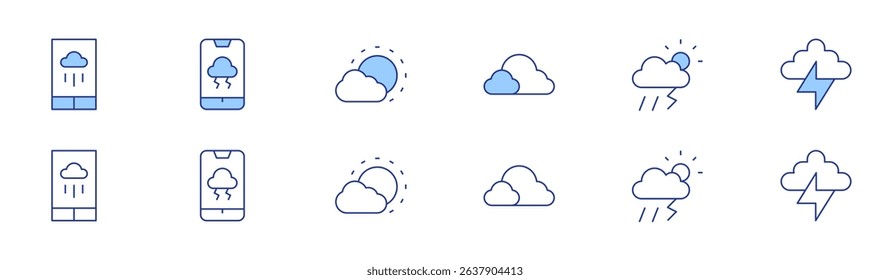 Weather forecast icon set in two styles, Duotone and Thin Line style. Editable stroke. forecast, clouds, storm, rain, day, thunder.