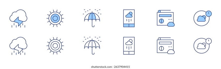 Weather forecast icon set in two styles, Duotone and Thin Line style. Editable stroke. rain, forecast, sun, weather forecast, umbrella, weather.