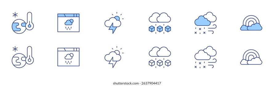 Weather forecast icon set in two styles, Duotone and Thin Line style. Editable stroke. cold, hail, weather, snowfall, storm, rainbow.