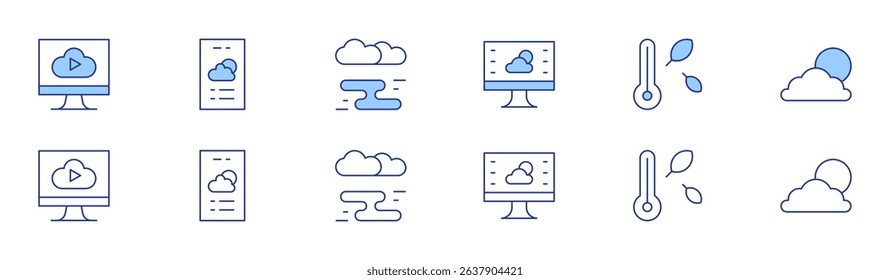 Weather forecast icon set in two styles, Duotone and Thin Line style. Editable stroke. forecast, weather forecast, weather app, thermometer, fog, cloudy day.