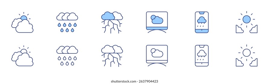 Weather forecast icon set in two styles, Duotone and Thin Line style. Editable stroke. cloudy, weather forecast, heavy rain, rain, storm, day.