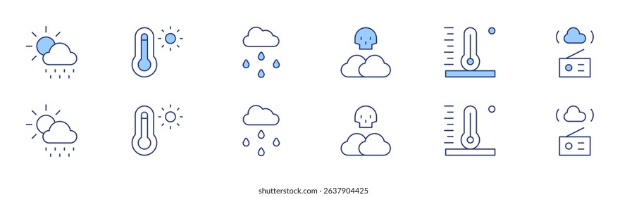 Weather forecast icon set in two styles, Duotone and Thin Line style. Editable stroke. meteorology, killer fog, thermometer, high temperature, rain