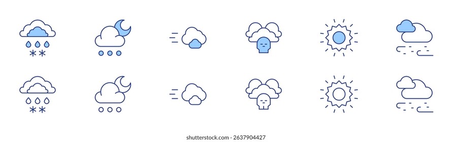 Weather forecast icon set in two styles, Duotone and Thin Line style. Editable stroke. rain, extreme weather, hail, sun, cloud, snowfall.