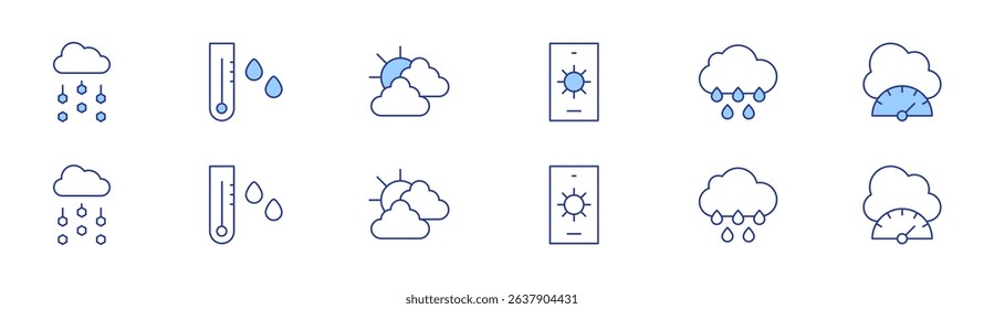 Weather forecast icon set in two styles, Duotone and Thin Line style. Editable stroke. hail, weather forecast, thermometer, rain, weather, pressure.