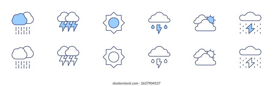 Weather forecast icon set in two styles, Duotone and Thin Line style. Editable stroke. rain, storm, lightning, cloudy, sun.
