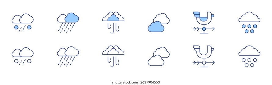 Weather forecast icon set in two styles, Duotone and Thin Line style. Editable stroke. hail, clouds, rain, weathercock, blizzard.