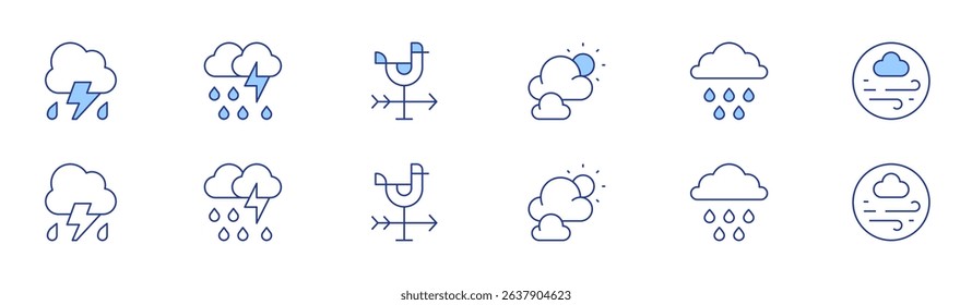 Weather forecast icon set in two styles, Duotone and Thin Line style. Editable stroke. thunderstorm, cloudy day, storm, rainy, weathercock, wind.