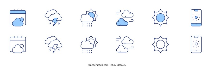 Weather forecast icon set in two styles, Duotone and Thin Line style. Editable stroke. weather, cloudy, thunderstorm, sun, rain, sunny.