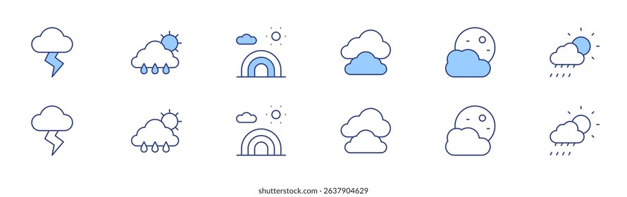 Weather forecast icon set in two styles, Duotone and Thin Line style. Editable stroke. storm, clouds, rainy day, moon, rainbow, weather.
