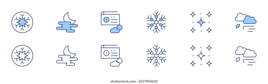 Weather forecast icon set in two styles, Duotone and Thin Line style. Editable stroke. snowflake, fog, starry night, radio, windy.
