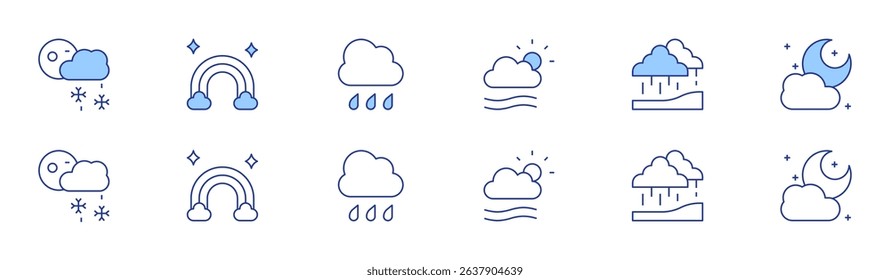 Weather forecast icon set in two styles, Duotone and Thin Line style. Editable stroke. snow, fog, rainbow, monsoon, rainy, moon.