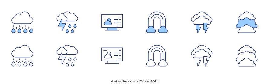 Weather forecast icon set in two styles, Duotone and Thin Line style. Editable stroke. rainy, rainbow, thunderstorm, thunder, weather, cloudy.