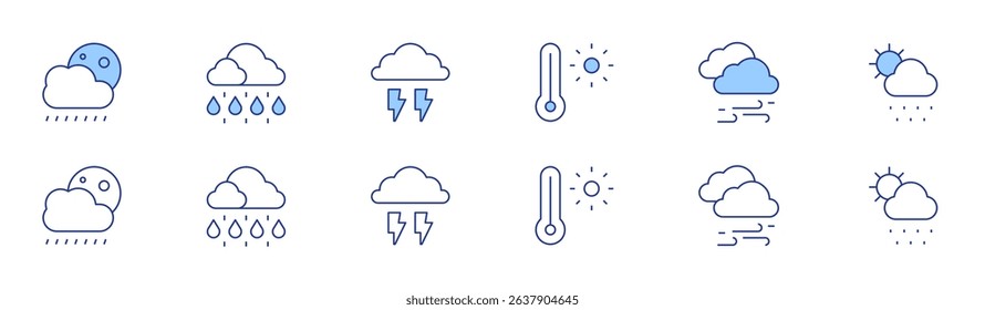 Weather forecast icon set in two styles, Duotone and Thin Line style. Editable stroke. rainy night, thermometer, rain, windstorm, thunder, meteorology.