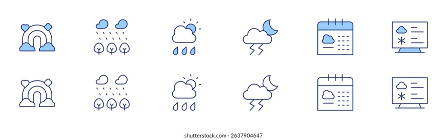 Weather forecast icon set in two styles, Duotone and Thin Line style. Editable stroke. rainbow, thunderstorm, forest, calendar, rainy, meteorology.