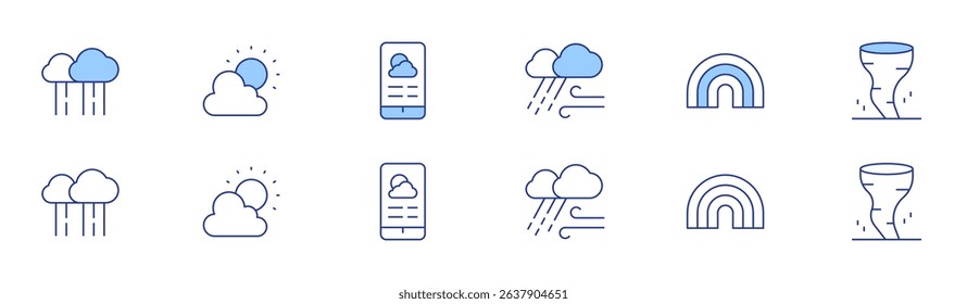 Weather forecast icon set in two styles, Duotone and Thin Line style. Editable stroke. rain, weather, rainbow, weather forecast, tornado.