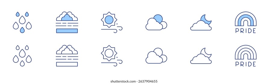 Weather forecast icon set in two styles, Duotone and Thin Line style. Editable stroke. rain, weather, foggy, cloud, wind, pride.