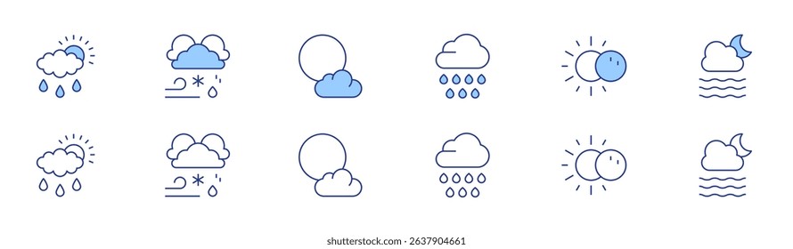 Weather forecast icon set in two styles, Duotone and Thin Line style. Editable stroke. rain, rain cloud, thunderstorm, eclipse, full moon, foggy.