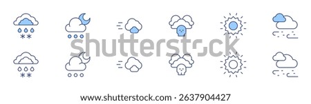 Weather forecast icon set in two styles, Duotone and Thin Line style. Editable stroke. rain, extreme weather, hail, sun, cloud, snowfall.