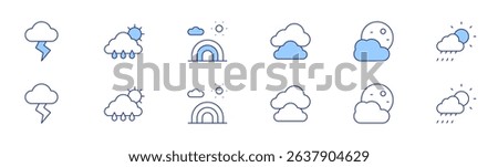 Weather forecast icon set in two styles, Duotone and Thin Line style. Editable stroke. storm, clouds, rainy day, moon, rainbow, weather.