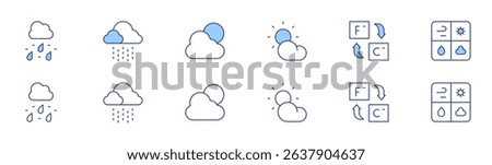 Weather forecast icon set in two styles, Duotone and Thin Line style. Editable stroke. sleet, cloudy, drizzle, fahrenheit, weather, weather news.