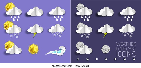 Weather forecast icon set, vector illustration in paper art modern craft style. Sunny, partly sunny, cloudy, mostly cloudy, rain, snow, storm, lightning etc.