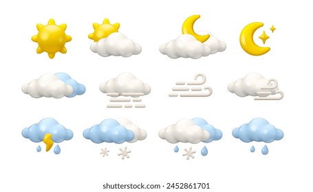 Weather forecast icon set. Vector 3d cartoon meteorology symbols. Sun, clouds and moon illustration isolated. Rainy, windy or foggy day