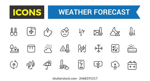 Weather forecast icon set, vector, thin line icons collection. Editable vector icon and illustration.
