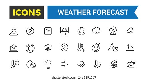 Weather forecast icon set, vector, thin line icons collection. Editable vector icon and illustration.