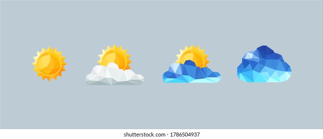 Weather forecast icon set with white and blue cloud, sun, lightning etc. Vector shapes from triangular polygons. 3d glass effect