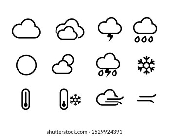 previsão do tempo ícone símbolo definir contorno sólido de nuvem neve trovoada forte temperatura chuva vento sol ícones