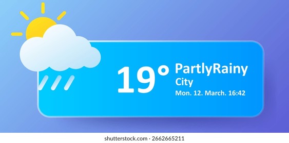 Icono de pronóstico de Clima. Nube blanca con la lluvia y el sol detrás en el fondo azul, temperatura marcada 19 grados, etiqueta incluye ciudad, fecha y hora