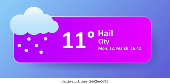 Icono de pronóstico de Clima. Nube blanca con granizadas que caen sobre fondo magenta, temperatura que lee 11 grados, etiqueta incluye nombre de la ciudad, fecha y hora