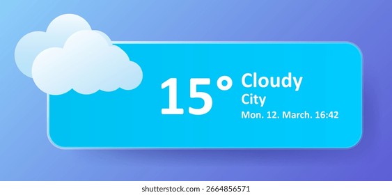 Icono de pronóstico de Clima. Nube blanca sobre fondo cian, sin precipitación, lectura de temperatura de 15 grados, etiqueta incluye nombre de la ciudad, fecha y hora