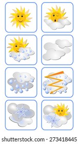 Weather forecast icons for all weather types - sunny, cloudy, rainy, snow, storm. Vector square icons with rounded corner. Cute sun having  face. Sun face has an expression depending on the weather.